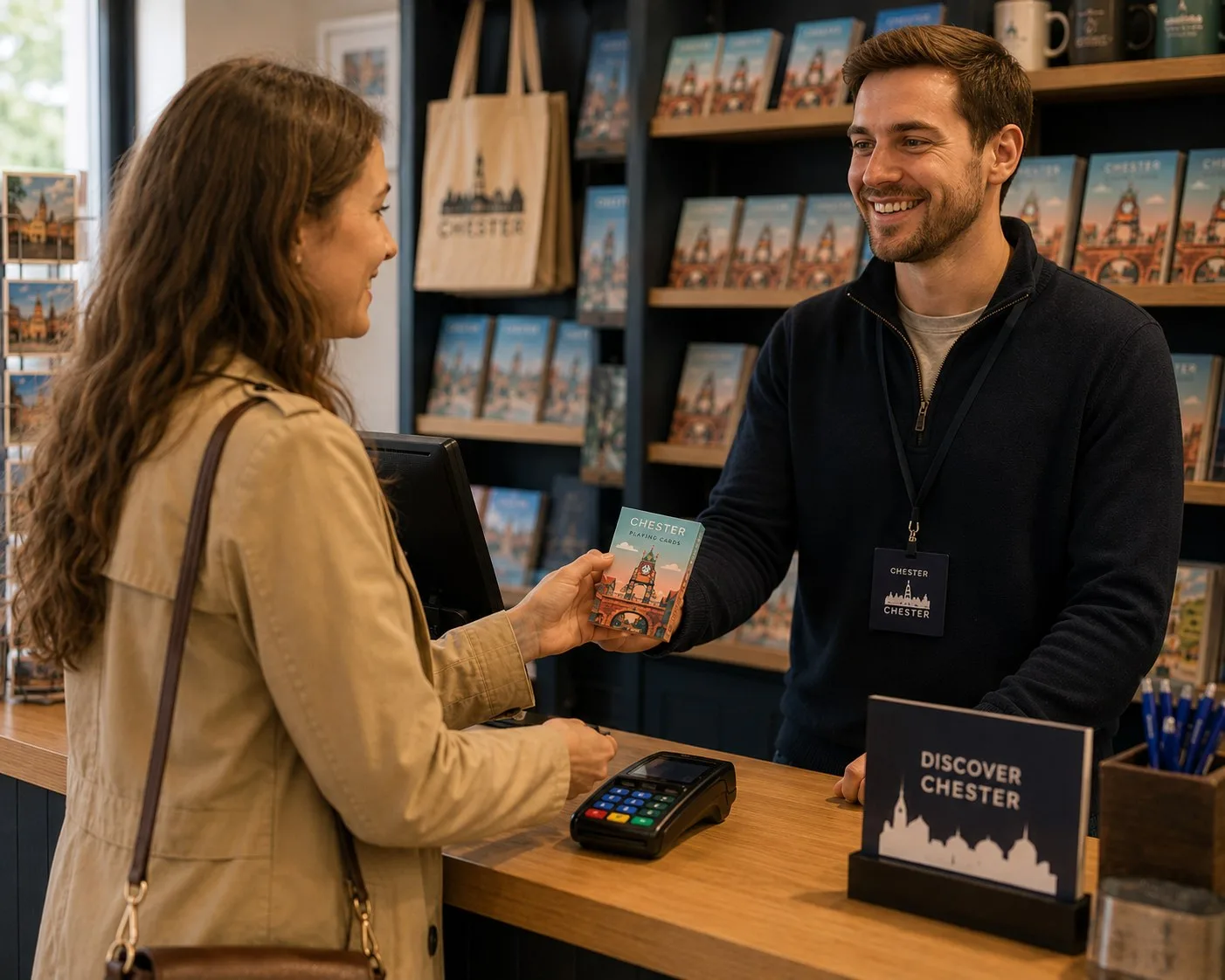 A customer buying a Cardvenir pack at a gift shop till